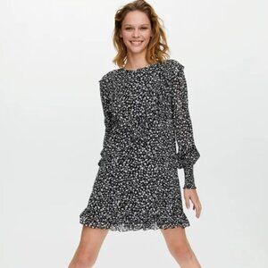 Aritzia Little Moon Gimlet Ruffled Shift Long Sleeve Dress Black White, Sz M